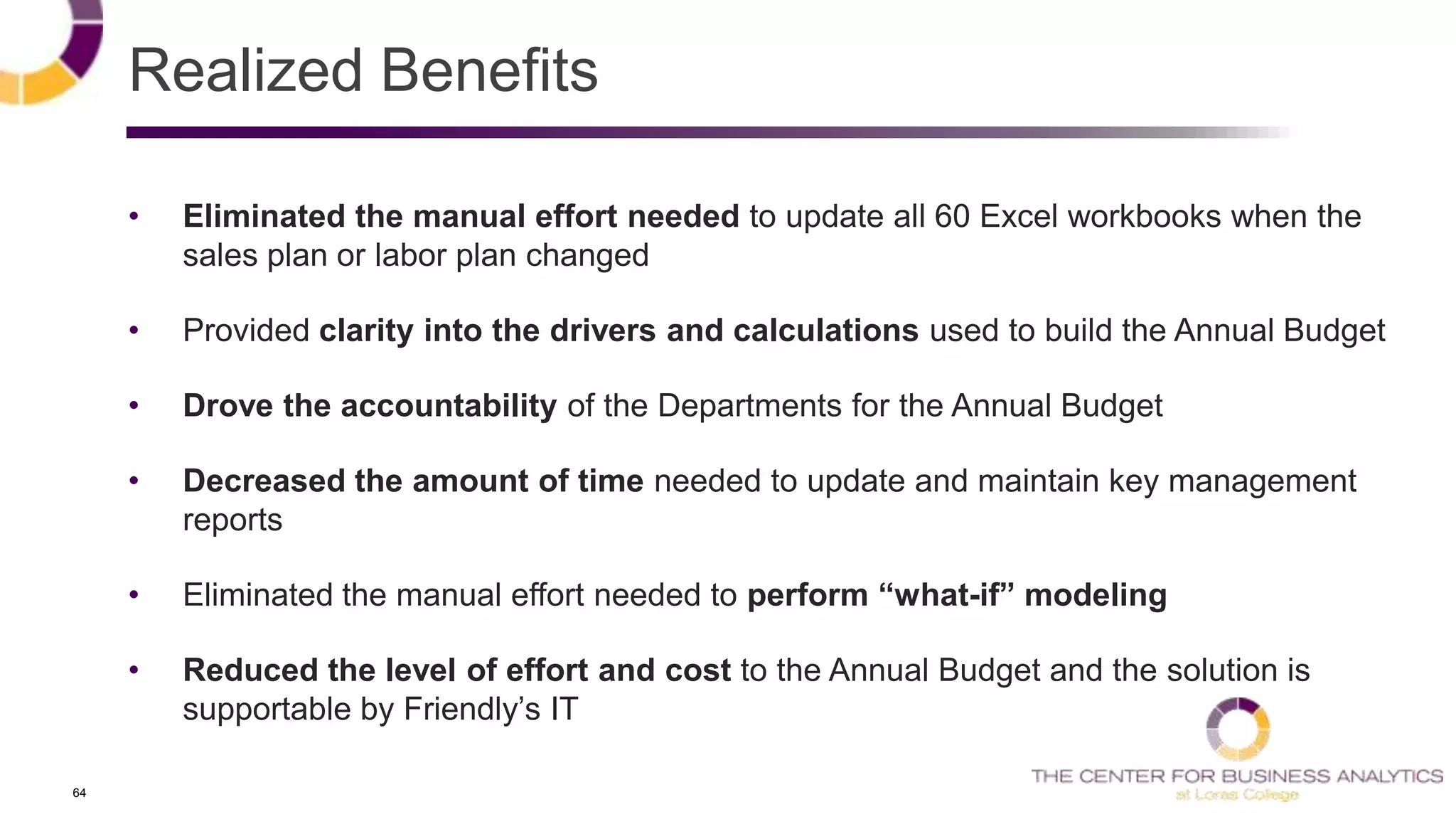64
Realized Benefits
• Eliminated the manual effort needed to update all 60 Excel workbooks when the
sales plan or labor plan changed
• Provided clarity into the drivers and calculations used to build the Annual Budget
• Drove the accountability of the Departments for the Annual Budget
• Decreased the amount of time needed to update and maintain key management
reports
• Eliminated the manual effort needed to perform “what-if” modeling
• Reduced the level of effort and cost to the Annual Budget and the solution is
supportable by Friendly‘s IT
 