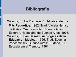 Bibliografia
Willems, E. La Preparación Musical de los
Más Pequeños. 1962. Trad. Violeta Hemsy
de Gaiza. Quarta edição. Buenos Aires:
Editora Universitária de Buenos Aires, 1976.
Willems, E. Las Bases Psicologicas de la
Educacion Musical. 1956. Trad. Eugenia
Podcaminsky. Buenos Aires: Eudeba, LA
Escuela em el Tiempo, 1961.
 