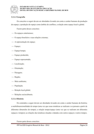 ESTADO DE SANTA CATARINA
SECRETARIA DE ESTADO DA EDUCAÇÃO
ESCOLA DE EDUCAÇÃO BÁSICA GREGÓRIO MANOEL DE BEM
PPP da EEB Gregório Manoel de Bem - 2012 Página 24
3.3.1.3 Geografia
Os conceitos a seguir devem ser abordados levando em conta o caráter humano da produção
do espaço, a produção do espaço como âmbito de conflitos, a relação entre espaço local e global.
Fazem parte desses conceitos:
 Os espaços catarinenses;
 O espaço brasileiro e suas relações externas;
 A representação do espaço;
 Espaço;
 Espaço/tempo;
 Espaço produzido;
 Espaço representado;
 Localização;
 Orientação;
 Paisagem;
 Região;
 Meio ambiente;
 População;
 Relação local global;
 Relações socioculturais.
3.3.1.4 História
Os conteúdos a seguir devem ser abordados levando em conta o caráter humano da história;
a multidimensionalidade do tempo (uma vez que essas temáticas se realizam e se pensam a partir de
diferentes dimensões do tempo); a relação tempo/espaço (uma vez que se realizam em diferentes
espaços e tempos); as relações das temáticas situadas e datadas com outros espaços e outros tempos.
Fazem parte desses conceitos:
 