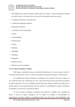ESTADO DE SANTA CATARINA
SECRETARIA DE ESTADO DA EDUCAÇÃO
ESCOLA DE EDUCAÇÃO BÁSICA GREGÓRIO MANOEL DE BEM
PPP da EEB Gregório Manoel de Bem - 2012 Página 25
 Diversidade ético-cultural de Santa Catarina (que deve remeter a outros momentos da história
do estado, do país e do mundo, uma vez que não é determinada a partir da mesma.
 A ocupação territorial e a luta pela terra;
 As diferentes tipologias culturais;
 Momentos da história;
 As relações sociais de produção;
 Tempo;
 Temporalidades;
 Tempo/espaço;
 Cultura;
 Memória;
 Identidade;
 Ideologia;
 Imaginário.
 Relações sociais;
 Relações sociais de produção.
3.3.1.5 Língua Portuguesa e Inglesa
Toda língua é produção humana, constituída historicamente na e pelas relações sociais. É
uma forma de ação sobre o outro e o mundo, marcada por um jogo de intenções e representações.
Os conteúdos das Línguas Portuguesa e Estrangeira são as práticas reais com a língua- seu
uso e reflexão sobre elas- sintetizadas nos eixos: fala/escuta/leitura/escrita, percorridos pela prática
de análise linguística. Os eixos de trabalho indicam apenas que podemos focalizar na língua este ou
aquele aspecto, este ou aquela dimensão. Devem, portanto, ser trabalhadas de maneira simultâneas
ou alteradas, tal como ocorre na prática de língua.
No caso de língua estrangeira, o professor deve priorizar o trabalho com a produção da
leitura e escrita em língua estrangeira, não no sentido de restringir as possibilidades de
aprendizagem, mas para viabilizar o aprendizado efetivo de, pelo menos, estas habilidades. Esta
 