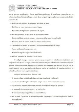 ESTADO DE SANTA CATARINA
SECRETARIA DE ESTADO DA EDUCAÇÃO
ESCOLA DE EDUCAÇÃO BÁSICA GREGÓRIO MANOEL DE BEM
PPP da EEB Gregório Manoel de Bem - 2012 Página 26
opção leva em consideração a função social da aprendizagem de uma língua estrangeira para os
alunos brasileiros. Entendo a língua a partir dessa perspectiva pressupõe, também a apropriação dos
conceitos de:
 Dialogia: cada sujeito é complemento necessário do outro;
 Polifonia: as vozes que se constituem a língua;
 Polissemia: multiplicidade significativa da língua;
 Interdiscursividade: relação entre os diferentes discursos;
 Intertextualidade: um texto remete a outros textos (abertura e incompletude);
 Discurso: efeito de sentido produzido entre os interlocutores;
 Textualidade: o que faz de um texto e não apenas uma sequência de frases;
 Texto: unidade de linguagem em uso;
 Coerência: responsável pela unidade do texto;
 Coesão: manifestação linguística da coerência.
A condição para que o aluno se aproprie desses conceitos é o trabalho, em sala de aula, com
as práticas reais do uso da língua (fala/escuta/leitura/escrita) e o trabalho com a reflexão sobre essas
práticas (análise linguística). Esses eixos de trabalho indicam apenas que podemos focalizar este ou
aquele aspecto, esta ou aquela dimensão. Devem, porém, ser trabalhados de maneira simultânea ou
alterados, tal como corre na prática da língua.
Nas práticas de fala/escuta, trabalhar com:
 O uso do oral em instâncias públicas e privadas (fala formal e informal);
 As diversas manifestações da fala e sua relação com as instâncias e normas de uso;
 As variedades linguísticas (aspectos regionais, influência da imigração, gíria etc.);
 A adequação à situação, ao gênero e ao interlocutor;
 O uso de convenções específicas do discurso falado;
 Os recursos expressivos da fala (ambiguidade, comparação, escolha das palavras, fluência,
entonação etc.);
 