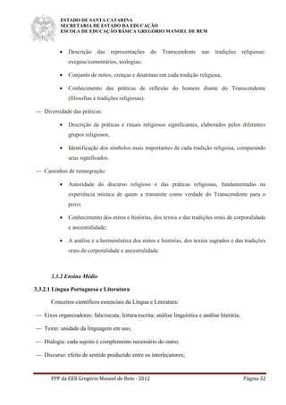 ESTADO DE SANTA CATARINA
SECRETARIA DE ESTADO DA EDUCAÇÃO
ESCOLA DE EDUCAÇÃO BÁSICA GREGÓRIO MANOEL DE BEM
PPP da EEB Gregório Manoel de Bem - 2012 Página 32
 Descrição das representações do Transcendente nas tradições religiosas:
exegese/comentários, teologias;
 Conjunto de mitos, crenças e doutrinas em cada tradição religiosa;
 Conhecimento das práticas de reflexão do homem diante do Transcendente
(filosofias e tradições religiosas).
 Diversidade das práticas:
 Descrição de práticas e rituais religiosos significantes, elaborados pelos diferentes
grupos religiosos;
 Identificação dos símbolos mais importantes de cada tradição religiosa, comparando
seus significados.
 Caminhos de reintegração:
 Autoridade do discurso religioso e das práticas religiosas, fundamentadas na
experiência mística de quem a transmite como verdade do Transcendente para o
povo;
 Conhecimento dos mitos e histórias, dos textos e das tradições orais de corporalidade
e ancestralidade;
 A análise e a hermenêutica dos mitos e histórias, dos textos sagrados e das tradições
orais de corporalidade e ancestralidade.
3.3.2 Ensino Médio
3.3.2.1 Língua Portuguesa e Literatura
Conceitos científicos essenciais da Língua e Literatura:
 Eixos organizadores: fala/escuta; leitura/escrita; análise linguística e análise literária;
 Texto: unidade da linguagem em uso;
 Dialogia: cada sujeito é complemento necessário do outro;
 Discurso: efeito de sentido produzido entre os interlecutores;
 