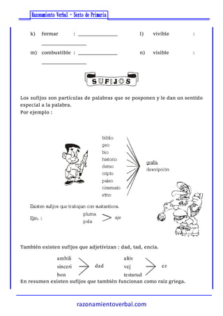 razonamientoverbal.com
k) formar : ______________ l) vivible :
________________
m) combustible : ______________ n) visible :
________________
Los sufijos son partículas de palabras que se posponen y le dan un sentido
especial a la palabra.
Por ejemplo :
También existen sufijos que adjetivizan : dad, tad, encia.
ambili
sinceri
bon
dad
altiv
vej
testarud
ez
En resumen existen sufijos que también funcionan como raíz griega.
 