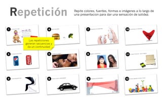 Repetición               Repite colores, fuentes, formas e imágenes a lo largo de
                         una presentacion para dar una sensación de solidez.




    Las repeticiones
  generan secuencias y
   da un continuidad
 