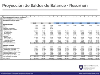 FernandoRomero M.
Consultor Financiero
Profesor de Finanzas
Autor de Textos
www.fernando-romero.com© Fernando Romero | Permitida su reproducción citando al autor
Proyección de Saldos de Balance - Resumen
126
127
128
129
130
131
132
133
134
135
136
137
138
139
140
141
142
143
144
145
146
147
148
149
150
151
152
153
154
155
156
157
B C D E F G H I J K L M
INDUSTRIA PROCESADORA DE ALIMENTOS S.A.
ESTADOS DE SITUACIÓN FINANCIERA
HISTORICOS Y PROYECTADOS
2013 2014 2015 2016 2017 2018 2019 2020 2021
Activos Corrientes
Caja 1.426 2.667 1.296 1.737 2.113 2.489 2.864 3.240 3.615
Bancos 4.000 3.952 2.214
Inversiones Temporales 6.149 8.654 8.180
Cuentas por Cobrar Clientes
Exportaciones 20.281 39.760 47.678 62.321 75.794 89.267 102.740 116.213 129.686
No Relacionados 3.590 8.637 9.935 13.243 16.106 18.969 21.832 24.695 27.558
Relacionados 550 1.286 2.294 3.090 3.758 4.426 5.094 5.762 6.430
-Provisión CxC (2.238) (2.824) (3.587) (4.336) (5.319) (6.515) (7.923) (9.544) (11.377)
Inventarios
Materia Prima 11.164 23.572 23.194 24.744 30.119 35.454 40.790 46.125 51.461
Productos Proceso 821 231 1.124 1.801 2.193 2.582 2.971 3.360 3.748
Productos Terminados 5.642 6.688 9.933 10.791 13.121 15.454 17.786 20.119 22.451
Créditos Tributarios 1.883 3.866 4.473 5.954 7.282 8.562 9.843 11.123 12.404
Total Activos Corrientes 53.268 96.489 106.734 119.346 145.168 170.689 195.998 221.094 245.977
Activos no corrientes
Terrenos 2.860 2.860 2.860 2.860 2.860 2.860 2.860 2.860 2.860
Maquinarias e Instalaciones, bruto 18.391 21.630 28.200 29.543 30.885 32.228 33.570 34.913 36.255
- Depreciación Acumulada (3.156) (4.266) (5.825) (7.168) (8.510) (9.853) (11.195) (12.538) (13.880)
Maquinarias e Instalaciones, neto 15.235 17.364 22.375 22.375 22.375 22.375 22.375 22.375 22.375
Muebles y Equipos de Oficina, bruto 5.617 5.105 4.885 5.088 5.292 5.495 5.698 5.902 6.105
-Depreciación Acumulada (964) (1.226) (1.496) (1.699) (1.903) (2.106) (2.309) (2.513) (2.716)
Muebles y Equipos de Oficina, neto 4.653 3.879 3.389 3.389 3.389 3.389 3.389 3.389 3.389
Total Activos no corrientes 22.748 24.103 28.624 28.624 28.624 28.624 28.624 28.624 28.624
Total Activos 76.016 120.592 135.358 147.970 173.792 199.313 224.622 249.718 274.601
117
 