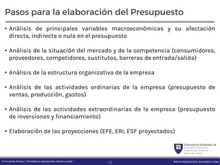 FernandoRomero M.
Consultor Financiero
Profesor de Finanzas
Autor de Textos
www.fernando-romero.com© Fernando Romero | Permitida su reproducción citando al autor
Pasos para la elaboración del Presupuesto
• Análisis de principales variables macroeconómicas y su afectación
directa, indirecta o nula en el presupuesto
• Análisis de la situación del mercado y de la competencia (consumidores,
proveedores, competidores, sustitutos, barreras de entrada/salida)
• Análisis de la estructura organizativa de la empresa
• Análisis de las actividades ordinarias de la empresa (presupuesto de
ventas, producción, gastos)
• Análisis de las actividades extraordinarias de la empresa (presupuesto
de inversiones y financiamiento)
• Elaboración de las proyecciones (EFE, ERI, ESF proyectados)
12
 