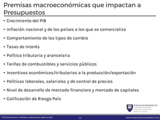 FernandoRomero M.
Consultor Financiero
Profesor de Finanzas
Autor de Textos
www.fernando-romero.com© Fernando Romero | Permitida su reproducción citando al autor
Premisas macroeconómicas que impactan a
Presupuestos
• Crecimiento del PIB
• Inflación nacional y de los países a los que se comercializa
• Comportamiento de los tipos de cambio
• Tasas de Interés
• Política tributaria y arancelaria
• Tarifas de combustibles y servicios públicos
• Incentivos económicos/tributarios a la producción/exportación
• Políticas laborales, salariales y de control de precios
• Nivel de desarrollo de mercado financiero y mercado de capitales
• Calificación de Riesgo País
14
 