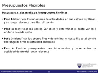 FernandoRomero M.
Consultor Financiero
Profesor de Finanzas
Autor de Textos
www.fernando-romero.com© Fernando Romero | Permitida su reproducción citando al autor
Presupuestos Flexibles
Pasos para el desarrollo de Presupuestos Flexibles
• Paso 1: Identificar los inductores de actividades, en sus valores estáticos,
y su rango relevante para flexibilización
• Paso 2: Identificar los costos variables y determinar el costo variable
unitario de cada costo
• Paso 3: Identificar los costos fijos y determinar el costo fijo total dentro
del rango de nivel de actividad analizado
• Paso 4: Realizar presupuestos para incrementos y decrementos de
actividad dentro del rango relevante
53
 