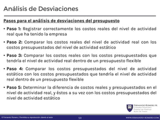 FernandoRomero M.
Consultor Financiero
Profesor de Finanzas
Autor de Textos
www.fernando-romero.com© Fernando Romero | Permitida su reproducción citando al autor
Análisis de Desviaciones
Pasos para el análisis de desviaciones del presupuesto
• Paso 1: Registrar correctamente los costos reales del nivel de actividad
real que ha tenido la empresa
• Paso 2: Comparar los costos reales del nivel de actividad real con los
costos presupuestados del nivel de actividad estático
• Paso 3: Comparar los costos reales con los costos presupuestados que
tendría el nivel de actividad real dentro de un presupuesto flexible
• Paso 4: Comparar los costos presupuestados del nivel de actividad
estático con los costos presupuestados que tendría el nivel de actividad
real dentro de un presupuesto flexible
• Paso 5: Determinar la diferencia de costos reales y presupuestados en el
nivel de actividad real, y éstos a su vez con los costos presupuestados del
nivel de actividad estático
59
 