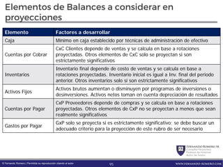 FernandoRomero M.
Consultor Financiero
Profesor de Finanzas
Autor de Textos
www.fernando-romero.com© Fernando Romero | Permitida su reproducción citando al autor
Elementos de Balances a considerar en
proyecciones
Elemento Factores a desarrollar
Caja Mínimo en caja establecido por técnicas de administración de efectivo
Cuentas por Cobrar
CxC Clientes depende de ventas y se calcula en base a rotaciones
proyectadas. Otros elementos de CxC solo se proyectan si son
estrictamente significativos
Inventarios
Inventario final depende de costo de ventas y se calcula en base a
rotaciones proyectadas. Inventario inicial es igual a Inv. final del periodo
anterior. Otros inventarios solo si son estrictamente significativos
Activos Fijos
Activos brutos aumentan o disminuyen por programas de inversiones o
desinversiones. Activos netos toman en cuenta depreciación de resultados
Cuentas por Pagar
CxP Proveedores depende de compras y se calcula en base a rotaciones
proyectadas. Otros elementos de CxP no se proyectan a menos que sean
realmente significativos
Gastos por Pagar
GxP solo se proyecta si es estrictamente significativo; se debe buscar un
adecuado criterio para la proyección de este rubro de ser necesario
95
 