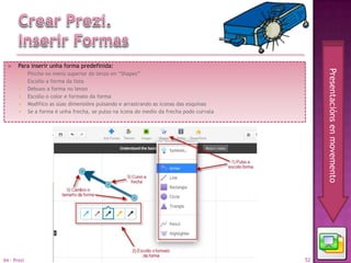     Para inserir unha forma predefinida:




                                                                                                Presentacións en movemento
            Pincho no menú superior do lenzo en “Shapes”
            Escollo a forma da lista
            Debuxo a forma no lenzo
            Escollo o color e formato da forma
            Modifico as súas dimensións pulsando e arrastrando as iconas das esquinas
            Se a forma é unha frecha, se pulso na icona do medio da frecha podo curvala




04 - Prezi                                                                                 52
 