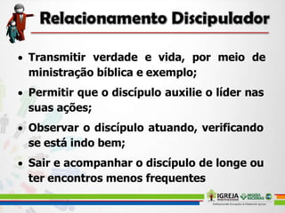  Transmitir verdade e vida, por meio de
ministração bíblica e exemplo;
 Permitir que o discípulo auxilie o líder nas
suas ações;
 Observar o discípulo atuando, verificando
se está indo bem;
 Sair e acompanhar o discípulo de longe ou
ter encontros menos frequentes
 
