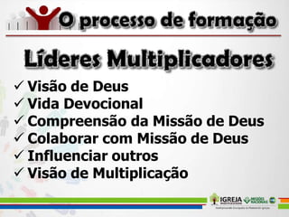  Visão de Deus
 Vida Devocional
 Compreensão da Missão de Deus
 Colaborar com Missão de Deus
 Influenciar outros
 Visão de Multiplicação
 