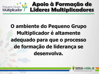O ambiente do Pequeno Grupo
Multiplicador é altamente
adequado para que o processo
de formação de liderança se
desenvolva.
 