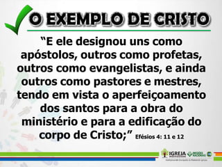 “E ele designou uns como
apóstolos, outros como profetas,
outros como evangelistas, e ainda
outros como pastores e mestres,
tendo em vista o aperfeiçoamento
dos santos para a obra do
ministério e para a edificação do
corpo de Cristo;” Efésios 4: 11 e 12
 