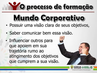 • Possuir uma visão clara de seus objetivos,
• Saber comunicar bem essa visão.
• Influenciar outros para
que apoiem em sua
trajetória rumo ao
atingimento dos objetivos
que cumprem a sua visão.
 