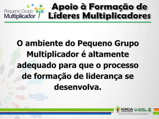 O ambiente do Pequeno Grupo
Multiplicador é altamente
adequado para que o processo
de formação de liderança se
desenvolva.
 