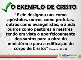 “E ele designou uns como
apóstolos, outros como profetas,
outros como evangelistas, e ainda
outros como pastores e mestres,
tendo em vista o aperfeiçoamento
dos santos para a obra do
ministério e para a edificação do
corpo de Cristo;” Efésios 4: 11 e 12
 
