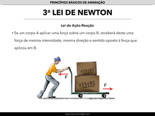 www.mauriciomallet.com
PRINCÍPIOS BÁSICOS DE ANIMAÇÃO
Lei da Inércia
• Todo corpo continua no estado de repouso ou de movimento retilíneo
uniforme, a menos que seja obrigado a mudá-lo por forças a ele aplicadas.
1a
LEI DE NEWTON
 