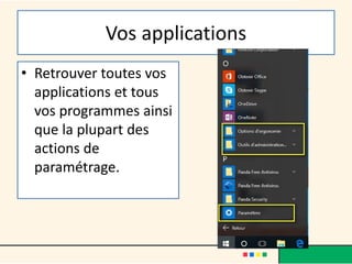 Vos applications
• Retrouver toutes vos
applications et tous
vos programmes ainsi
que la plupart des
actions de
paramétrage.
 