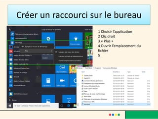 Créer un raccourci sur le bureau
1 Choisir l’application
2 Clic droit
3 « Plus »
4 Ouvrir l’emplacement du
fichier
5
 