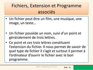 Fichiers, Extension et Programme
associés
• Un fichier peut être un film, une musique, une
image, un texte…
• Un fichier possède un nom, suivi d’un point et
généralement de trois lettres.
• Ce point et ces trois lettres constituent
l’extension du fichier. Il nous permet de savoir de
quel type de fichier il s’agit et surtout il permet à
l’ordinateur d’ouvrir le fichier avec le bon
programme.
@telier - Médiathèque de Lorient 55
 