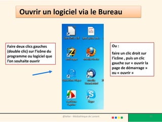 Faire deux clics gauches
(double clic) sur l’icône du
programme ou logiciel que
l’on souhaite ouvrir
Ouvrir un logiciel via le Bureau
@telier - Médiathèque de Lorient 70
Ou :
faire un clic droit sur
l’icône , puis un clic
gauche sur « ouvrir la
page de démarrage »
ou « ouvrir »
 