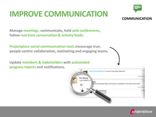 IMPROVE COMMUNICATION
Manage meetings, communicate, hold web conferences,
follow real-time conversation & activity feeds.
Projectplace social communication tools encourage true,
people-centric collaboration, motivating and engaging teams.
Update members & stakeholders with automated
progress reports and notifications.
COMMUNICATION
 