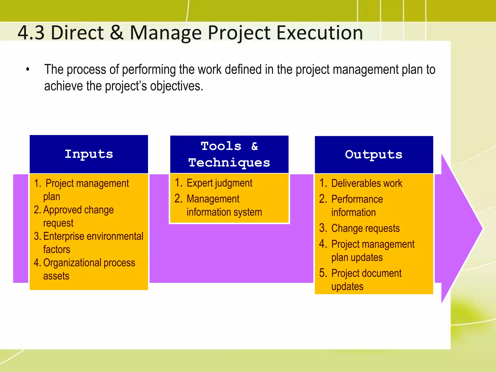 Project Management Plan (Output)The strategy for managing the project and the processes in each knowledge areaCovers how you will define, plan, manage, and control  the project.Also includes:Change management planConfiguration management planRequirements management planProcess  improvement planHow to handle a problem on a project?look at your management plan to see how you planned to handle such a problem.Baseline  (Performance measurement baseline)The project management plan contains scope, schedule, and cost baselines, against which the project manager will need to report project performance. Baseline created during planning. Scope baselineThe project scope statement, work breakdown structure (WBS), and WBS dictionary Schedule  baseline  The agreed-upon schedule, including  the start and stop  times Cost baseline  The time-phased  cost budgetDeviations from baselines are often due to incomplete risk identification and risk  management.
