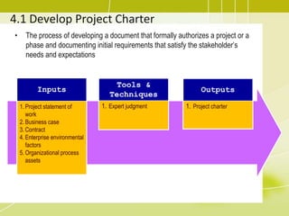 4.1 Develop Project Charter<br />The process of developing a document that formally authorizes a project or a phase and do...