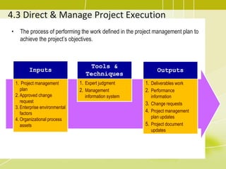 4.3 Direct & Manage Project Execution
• The process of performing the work defined in the project management plan to
achie...