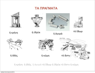 ΤΑ ΠΡΑΓΜΑΤΑ
ἡ ὑδρία
ἡ ὁδός
τὸ ὕδωρ
ἡ κώμη
ἡ κρήνη
ἡ κρήνη ἡ ὁδός ἡ ἀγορά τὸ ὕδωρ ἡ ὑδρία τὸ ἄστυ ἡ κώμη
ἡ ἀγορά
τὸ ἄστυ
martes 6 de marzo de 2012
 