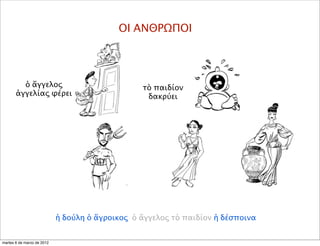 ΟΙ ΑΝΘΡΩΠΟΙ
τὸ παιδίον
δακρύει
ἡ δούλη ὁ ἄγροικος ὁ ἄγγελος τὸ παιδίον ἡ δέσποινα
ὁ ἄγγελος
ἀγγελίας φέρει
martes 6 de marzo de 2012
 