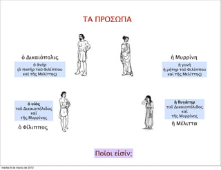 ΤΑ ΠΡΟΣΩΠΑ
ὁ Δικαιόπολις
ὁ Φίλιππος
ἡ Μυρρίνη
ἡ Μέλιττα
Ποῖοι εἰσίν;
ὁ ἀνήρ
(ὁ πατὴρ τοῦ Φιλίππου
καὶ τῆς Μελίττης)
ἡ γυνή
ἡ μήτηρ τοῦ Φιλίππου
καὶ τῆς Μελίττης)
ὁ υἱὸς
τοῦ Δικαιοπόλιδος
καὶ
τῆς Μυρρίνης
ἡ θυγάτηρ
τοῦ Δικαιοπόλιδος
καὶ
τῆς Μυρρίνης
martes 6 de marzo de 2012
 
