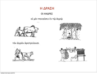 Η ΔΡΑΣΗ
ΟΙ ΑΝΔΡΕΣ
οἱ μὲν πονοῦσιν ἐν τῷ ἀγρῷ
τὸν ἀγρόν ἀροτρεύουσι
martes 6 de marzo de 2012
 
