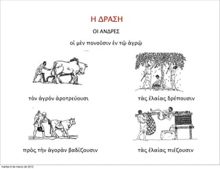 Η ΔΡΑΣΗ
ΟΙ ΑΝΔΡΕΣ
οἱ μὲν πονοῦσιν ἐν τῷ ἀγρῷ
τὰς ἐλαίας δρέπουσιν
τὰς ἐλαίας πιέζουσιν
τὸν ἀγρόν ἀροτρεύουσι
πρὸς τὴν ἀγορὰν βαδίζουσιν
martes 6 de marzo de 2012
 
