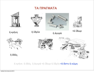 ΤΑ ΠΡΑΓΜΑΤΑ
ἡ ὑδρία
ἡ ὁδός
τὸ ὕδωρ
ἡ κρήνη
ἡ κρήνη ἡ ὁδός ἡ ἀγορά τὸ ὕδωρ ἡ ὑδρία τὸ ἄστυ ἡ κώμη
ἡ ἀγορά
martes 6 de marzo de 2012
 