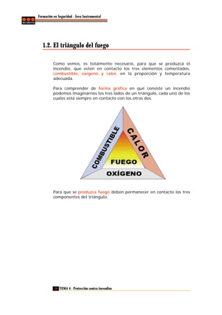 Formación en Seguridad - Área Instrumental

1.2. El triángulo del fuego
Como vemos, es totalmente necesario, para que se produzca el
incendio, que estén en contacto los tres elementos comentados,
combustible, oxígeno y calor, en la proporción y temperatura
adecuada.
Para comprender de forma gráfica en qué consiste un incendio
podemos imaginarnos los tres lados de un triángulo, cada uno de los
cuales está siempre en contacto con los otros dos.

Para que se produzca fuego deben permanecer en contacto los tres
componentes del triángulo.

14 TEMA 4 - Protección contra incendios

 