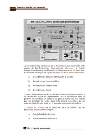 Formación en Seguridad - Área Instrumental

Los detectores son elementos de la instalación que reaccionan ante
alguno de los fenómenos físico-químico inherentes al fuego,
descubriendo lo antes posible un incendio en una zona de cobertura,
así podemos distinguir los siguientes tipos de detectores automáticos:
a)

Detectores de gases de combustión o iónicos.

b)

Detectores de humos visibles.

c)

Detectores de temperatura.

d)

Detectores de llama.

Como el desarrollo de un incendio tiene diferentes fases sucesivas y
los detectores actuarán dependiendo de los fenómenos que se
generen en cada fase, un detector de gases o humo será más rápido
que un detector de calor, pues este último necesitará de un
incremento de temperatura en el incendio para poder detectarlo.
El tiempo de retardo en la detección para un mismo tipo de
detectores, está determinado por:
Sensibilidad del detector.
Ubicación de los detectores.

26 TEMA 4 - Protección contra incendios

 