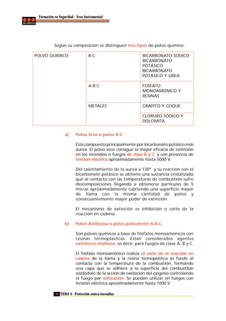 Formación en Seguridad - Área Instrumental

Según su composición se distinguen tres tipos de polvo químico:
POLVO QUIMICO

B-C

BICARBONATO SODICO
BICARBONATO
POTÁSICO
BICARBONATO
POTÁSICO Y UREA

A.B.C.

FOSFATO
MONOAMONICO Y
RESINAS

METALES

GRAFITO Y COQUE
CLORURO SÓDICO Y
DOLOMITA

a)

Polvo Seco o polvo B-C.
Esta compuesto principalmente por bicarbonato potásico más
aurea. El polvo seco consigue la mayor eficacia de extinción
en los incendios o fuegos de clase B y C, y con presencia de
tensión eléctrica aproximadamente hasta 5000 V.
Del calentamiento de la aurea a 130º y su reacción con el
bicarbonato potásico se obtiene una sustancia cristalizada
que al contacto con las temperaturas de combustión sufre
descomposiciones llegando a obtenerse partículas de 5
micras aproximadamente cubriendo una superficie mayor
de llama con la misma cantidad de polvo y
consecuentemente mayor poder de extinción.
El mecanismo de extinción es inhibición o corte de la
reacción en cadena.

b)

Polvo Antibrasa o polvo polivalente A-B-C.
Son polvos químicos a base de fosfatos monoamónicos con
resinas termoplasticas. Están considerados agentes
extintores multiuso, es decir, para fuegos de clase A, B y C.
El fosfato monoamónico realiza el corte de la reacción en
cadena de la llama y la resina termoplástica se funde al
contacto con la temperatura de la combustión, formando
una capa que se adhiere a la superficie del combustible
aislándolo de la acción de oxidación del oxígeno controlando
el fuego por sofocación. Se pueden utilizar en fuegos con
tensión eléctrica aproximadamente hasta 1000 V.

48 TEMA 4 - Protección contra incendios

 