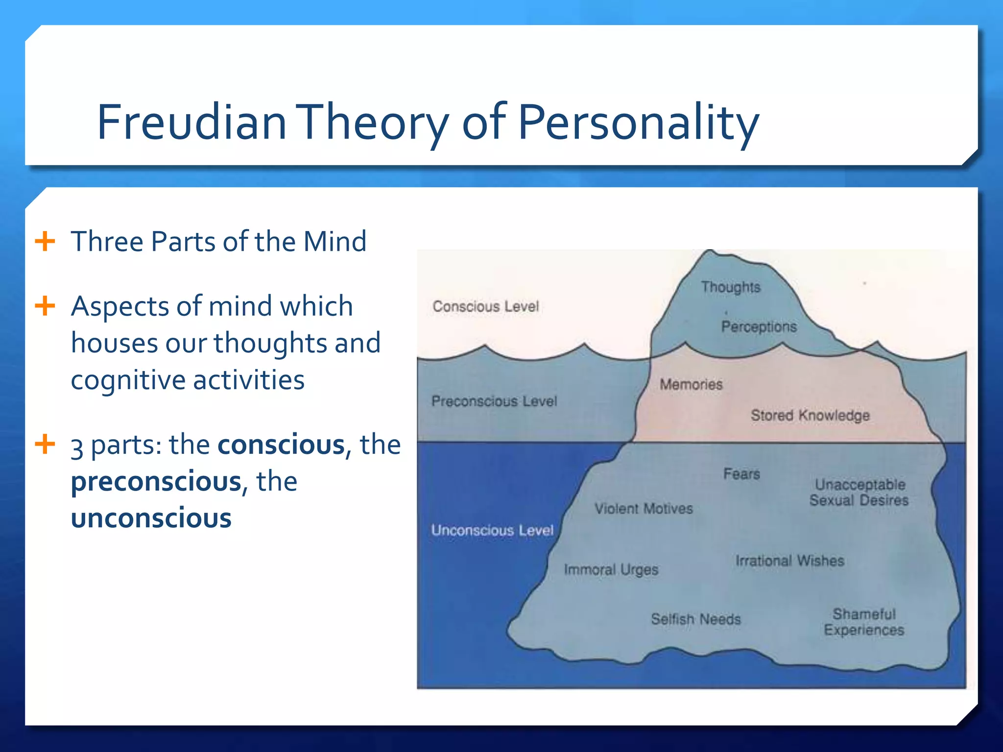 Freudian Theory of Personality

 Three Parts of the Mind

 Aspects of mind which
  houses our thoughts and
  cognitive activities

 3 parts: the conscious, the
  preconscious, the
  unconscious
 