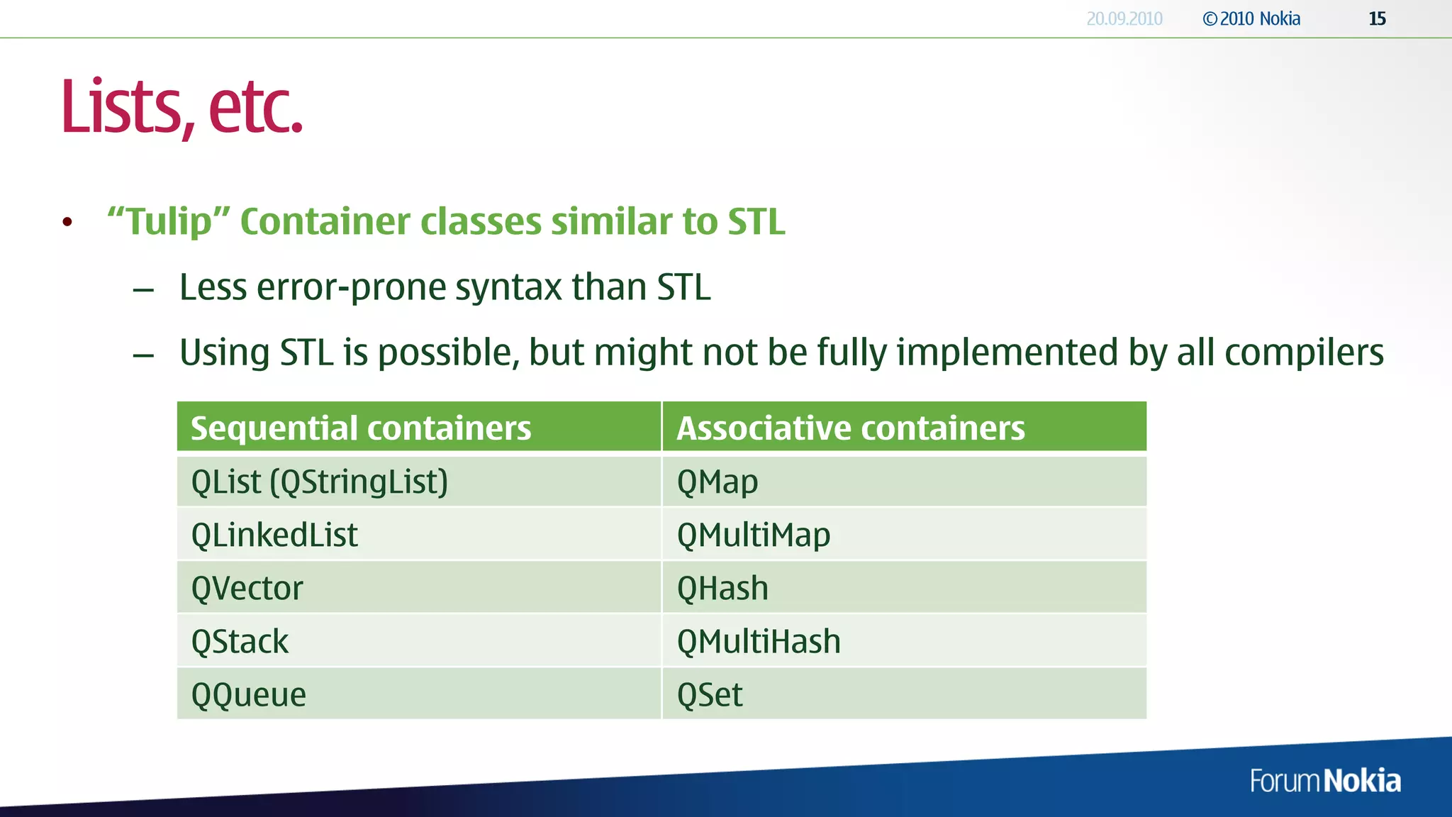 Lists, etc.
• “Tulip” Container classes similar to STL
    – Less error-prone syntax than STL
    – Using STL is possible, but might not be fully implemented by all compilers

       Sequential containers        Associative containers
       QList (QStringList)          QMap
       QLinkedList                  QMultiMap
       QVector                      QHash
       QStack                       QMultiHash
       QQueue                       QSet
 