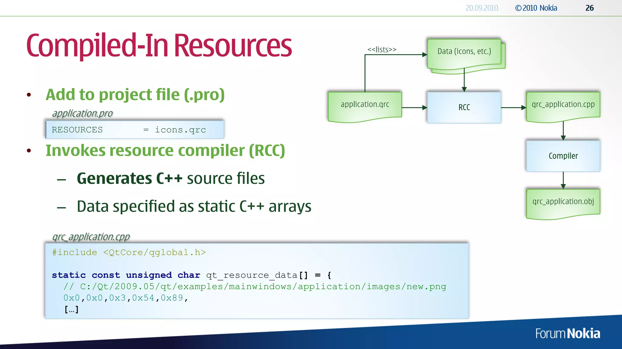 Compiled-In Resources                                        <<lists>>   Data (icons, etc.)
                                                                          Data (icons, etc.)




• Add to project file (.pro)                         application.qrc                           qrc_application.cpp
                                                                               RCC
   application.pro
   RESOURCES             = icons.qrc

• Invokes resource compiler (RCC)                                                                   Compiler


    – Generates C++ source files
    – Data specified as static C++ arrays                                                      qrc_application.obj



   qrc_application.cpp
   #include <QtCore/qglobal.h>

   static const unsigned char qt_resource_data[] = {
     // C:/Qt/2009.05/qt/examples/mainwindows/application/images/new.png
     0x0,0x0,0x3,0x54,0x89,
     […]
 