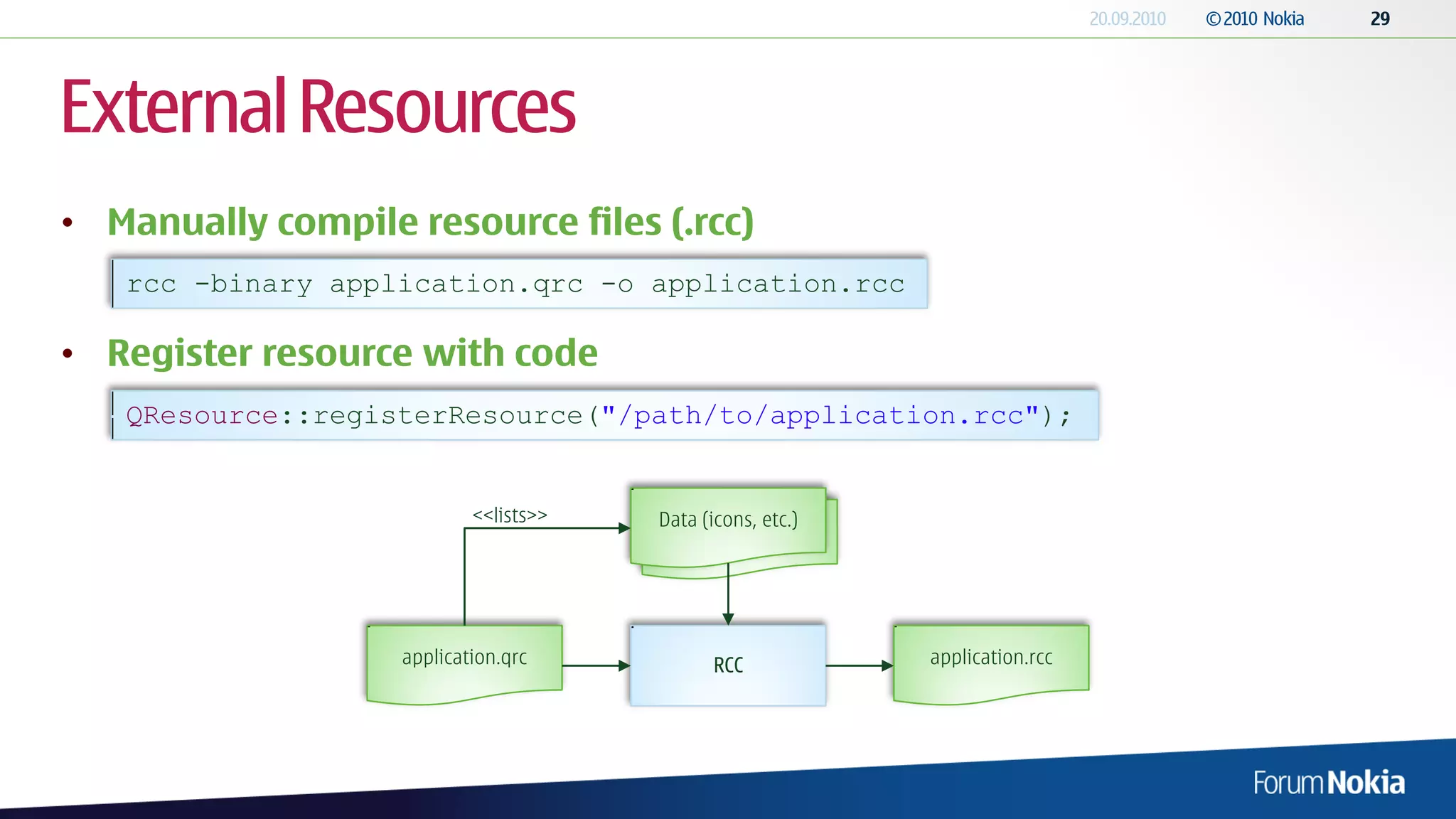 External Resources
• Manually compile resource files (.rcc)
   rcc -binary application.qrc -o application.rcc

• Register resource with code
   QResource::registerResource("/path/to/application.rcc");


                           <<lists>>   Data (icons, etc.)
                                        Data (icons, etc.)




                   application.qrc           RCC             application.rcc
 