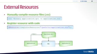 External Resources
• Manually compile resource files (.rcc)
   rcc -binary application.qrc -o application.rcc

• Register resource with code
   QResource::registerResource("/path/to/application.rcc");


                           <<lists>>   Data (icons, etc.)
                                        Data (icons, etc.)




                   application.qrc           RCC             application.rcc
 