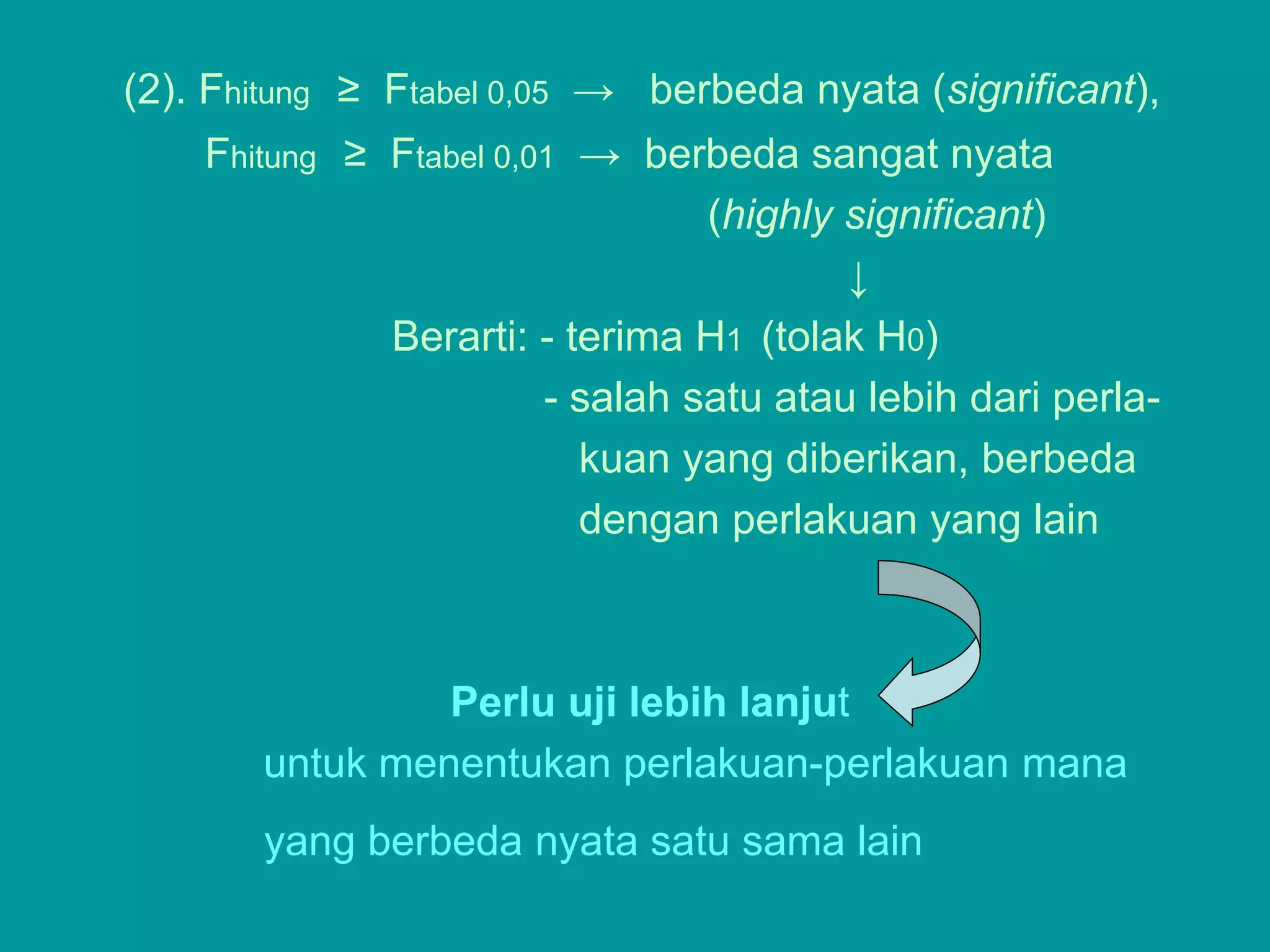 (2). Fhitung ≥ Ftabel 0,05 → berbeda nyata (significant),
    Fhitung ≥ Ftabel 0,01 → berbeda sangat nyata
                                 (highly significant)
                                         ↓
              Berarti: - terima H1 (tolak H0)
                        - salah satu atau lebih dari perla-
                          kuan yang diberikan, berbeda
                          dengan perlakuan yang lain



                Perlu uji lebih lanjut
       untuk menentukan perlakuan-perlakuan mana
       yang berbeda nyata satu sama lain
 