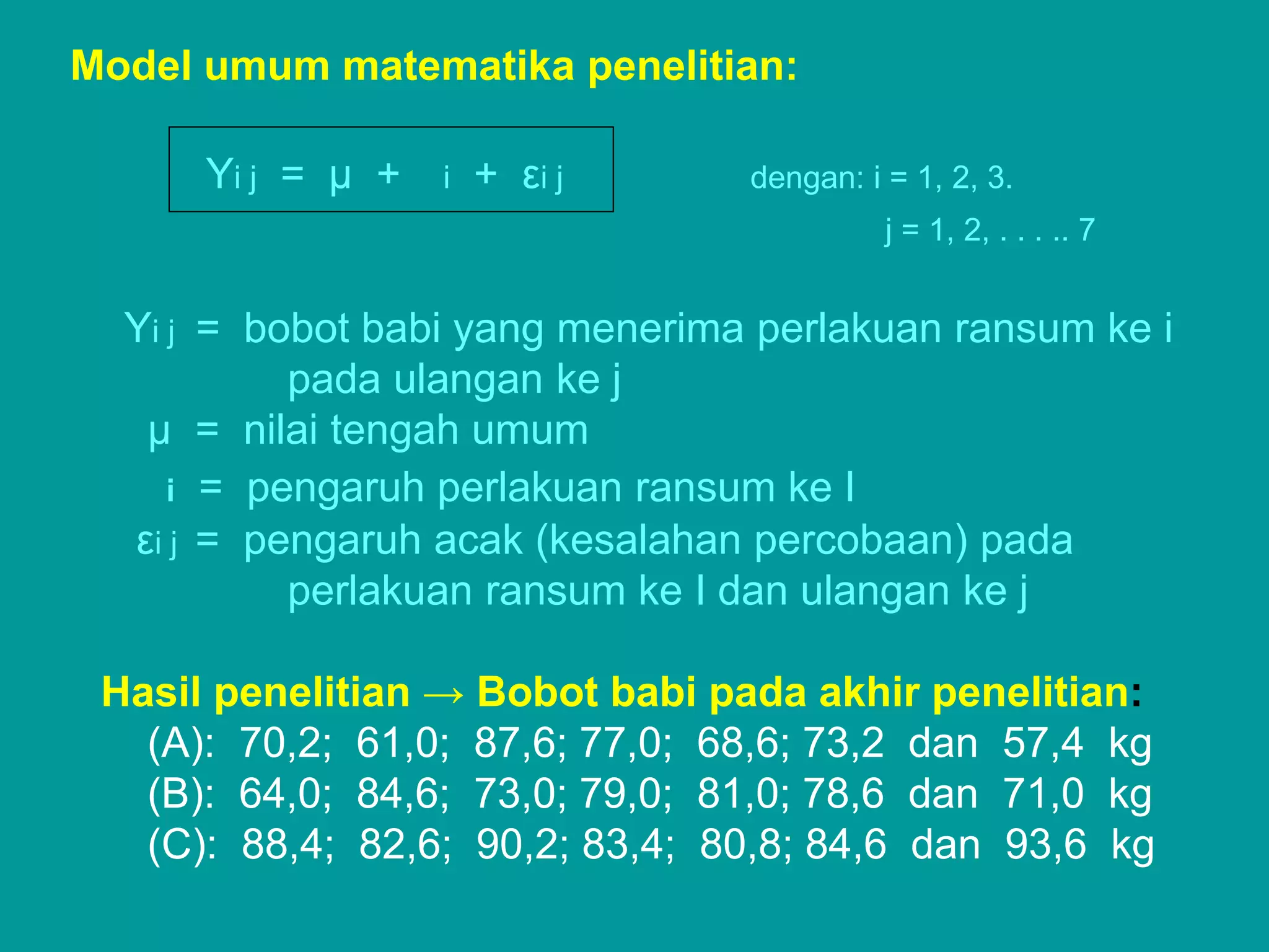 Model umum matematika penelitian:

      Yi j = μ +   i   + εi j    dengan: i = 1, 2, 3.
                                           j = 1, 2, . . . .. 7


  Yi j = bobot babi yang menerima perlakuan ransum ke i
           pada ulangan ke j
   μ = nilai tengah umum
     i = pengaruh perlakuan ransum ke I
  εi j = pengaruh acak (kesalahan percobaan) pada
           perlakuan ransum ke I dan ulangan ke j

 Hasil penelitian → Bobot babi pada akhir penelitian:
   (A): 70,2; 61,0; 87,6; 77,0; 68,6; 73,2 dan 57,4 kg
   (B): 64,0; 84,6; 73,0; 79,0; 81,0; 78,6 dan 71,0 kg
   (C): 88,4; 82,6; 90,2; 83,4; 80,8; 84,6 dan 93,6 kg
 