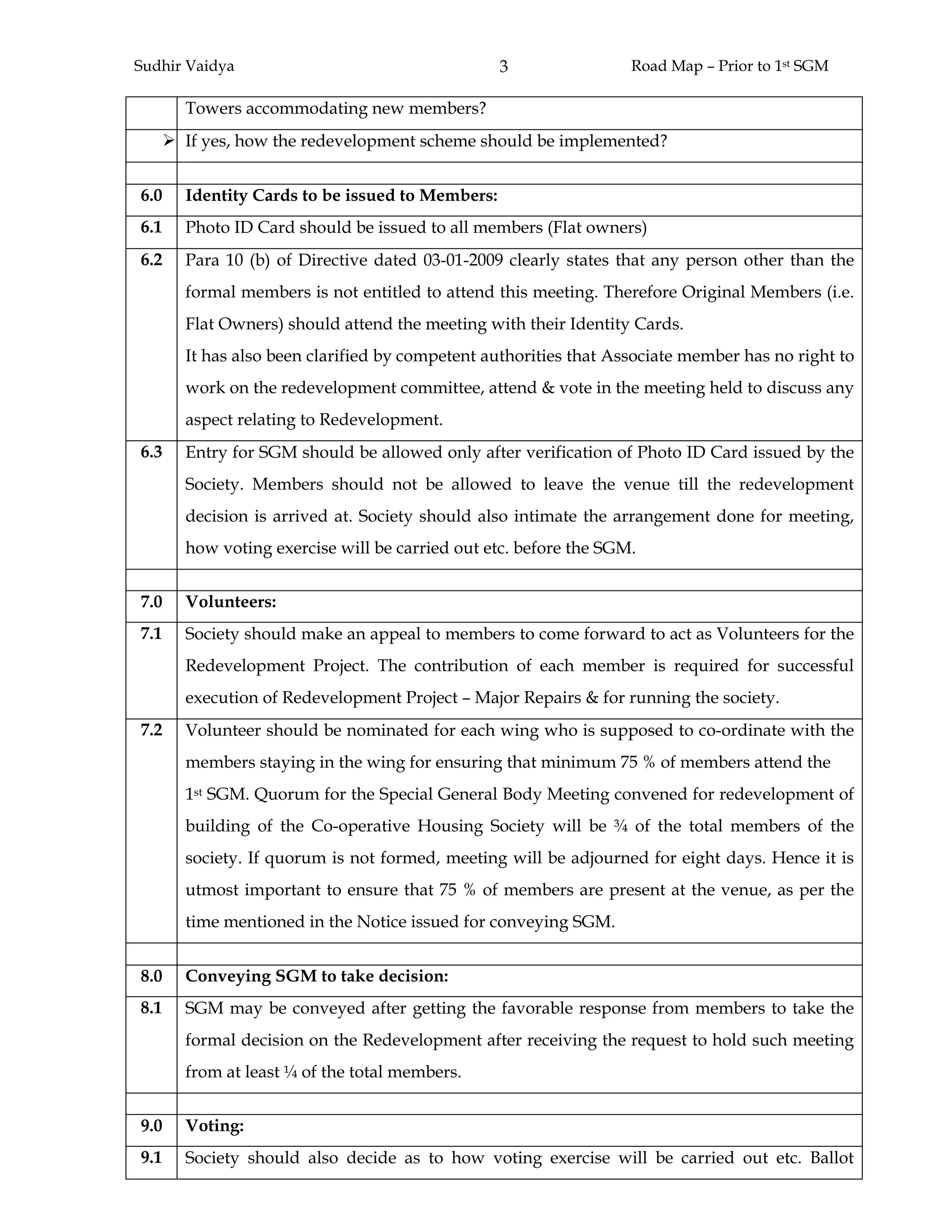 Sudhir Vaidya Road Map – Prior to 1st SGM3
Towers accommodating new members?
If yes, how the redevelopment scheme should be implemented?
6.0 Identity Cards to be issued to Members:
6.1 Photo ID Card should be issued to all members (Flat owners)
6.2 Para 10 (b) of Directive dated 03-01-2009 clearly states that any person other than the
formal members is not entitled to attend this meeting. Therefore Original Members (i.e.
Flat Owners) should attend the meeting with their Identity Cards.
It has also been clarified by competent authorities that Associate member has no right to
work on the redevelopment committee, attend & vote in the meeting held to discuss any
aspect relating to Redevelopment.
6.3 Entry for SGM should be allowed only after verification of Photo ID Card issued by the
Society. Members should not be allowed to leave the venue till the redevelopment
decision is arrived at. Society should also intimate the arrangement done for meeting,
how voting exercise will be carried out etc. before the SGM.
7.0 Volunteers:
7.1 Society should make an appeal to members to come forward to act as Volunteers for the
Redevelopment Project. The contribution of each member is required for successful
execution of Redevelopment Project – Major Repairs & for running the society.
7.2 Volunteer should be nominated for each wing who is supposed to co-ordinate with the
members staying in the wing for ensuring that minimum 75 % of members attend the
1st SGM. Quorum for the Special General Body Meeting convened for redevelopment of
building of the Co-operative Housing Society will be ¾ of the total members of the
society. If quorum is not formed, meeting will be adjourned for eight days. Hence it is
utmost important to ensure that 75 % of members are present at the venue, as per the
time mentioned in the Notice issued for conveying SGM.
8.0 Conveying SGM to take decision:
8.1 SGM may be conveyed after getting the favorable response from members to take the
formal decision on the Redevelopment after receiving the request to hold such meeting
from at least ¼ of the total members.
9.0 Voting:
9.1 Society should also decide as to how voting exercise will be carried out etc. Ballot
 