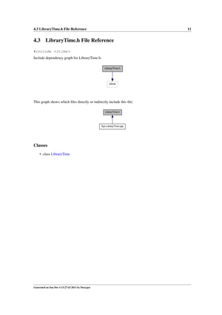 4.3 LibraryTime.h File Reference

4.3

11

LibraryTime.h File Reference

#include <ctime>
Include dependency graph for LibraryTime.h:
LibraryTime.h

ctime

This graph shows which ﬁles directly or indirectly include this ﬁle:
LibraryTime.h

Sys-LibraryTime.cpp

Classes
• class LibraryTime

Generated on Sun Dec 4 13:27:43 2011 by Doxygen

 