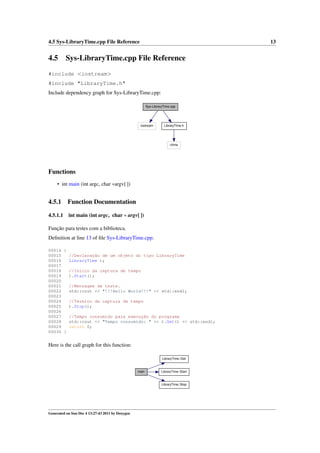 4.5 Sys-LibraryTime.cpp File Reference

4.5

13

Sys-LibraryTime.cpp File Reference

#include <iostream>
#include "LibraryTime.h"
Include dependency graph for Sys-LibraryTime.cpp:
Sys-LibraryTime.cpp

iostream

LibraryTime.h

ctime

Functions
• int main (int argc, char ∗argv[ ])

4.5.1

Function Documentation

4.5.1.1

int main (int argc, char ∗ argv[ ])

Função para testes com a biblioteca.
Deﬁnition at line 13 of ﬁle Sys-LibraryTime.cpp.
00014 {
00015
//Declaração de um objeto do tipo LibraryTime
00016
LibraryTime t;
00017
00018
//Inicio da captura de tempo
00019
t.Start();
00020
00021
//Mensagem de teste.
00022
std::cout << "!!!Hello World!!!" << std::endl;
00023
00024
//Término da captura de tempo
00025
t.Stop();
00026
00027
//Tempo consumido para execução do programa
00028
std::cout << "Tempo consumido: " << t.Get() << std::endl;
00029
return 0;
00030 }

Here is the call graph for this function:
LibraryTime::Get

main

LibraryTime::Start

LibraryTime::Stop

Generated on Sun Dec 4 13:27:43 2011 by Doxygen

 